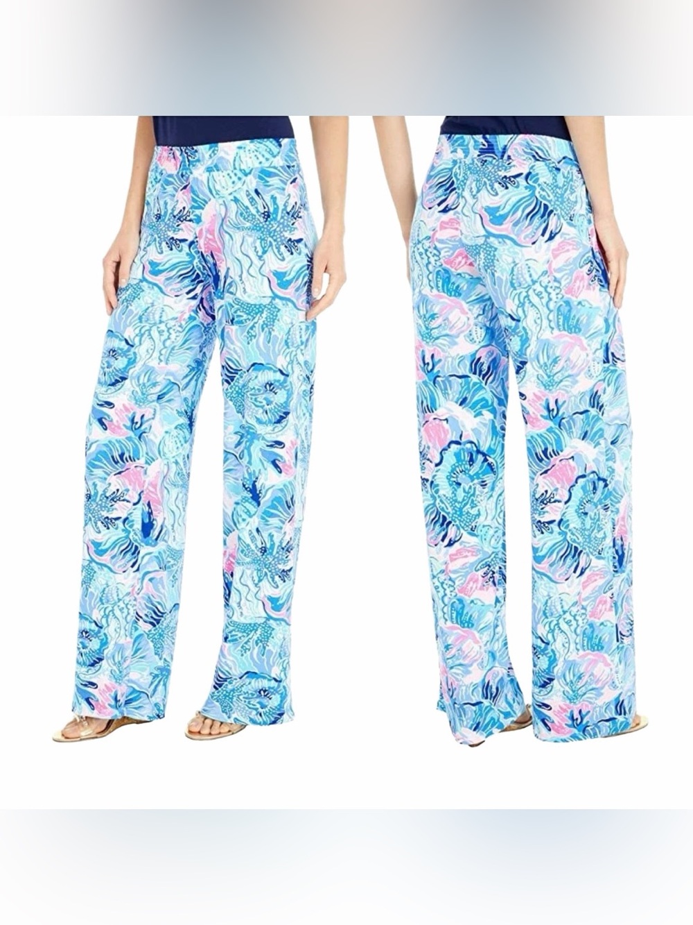 LILLY PULITZER Lorena Breezy Palazzo Pants M Saltwater Blue Shade Seekers Wide